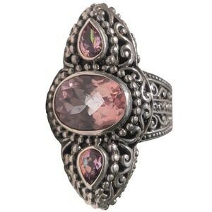 Sarda Bali Sterling Silver Pink Quartz or Topaz Bali Filigree Ring Size 7